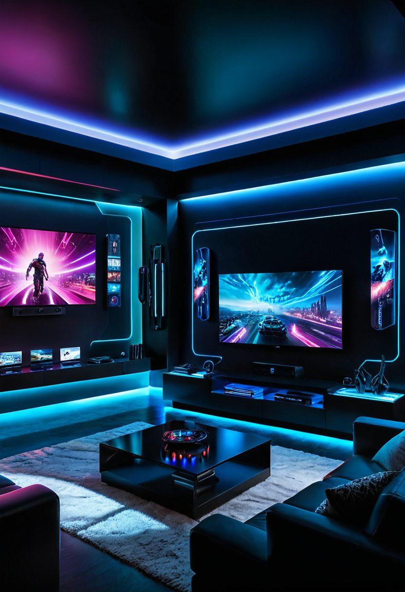 A futuristic living room showcasing a family enjoying diverse streaming content on large, sleek screens. Surround them with holographic displays of popular shows, movies, and gaming elements floating in the air. Include elements of advanced technology such as smart devices and light installations creating an immersive atmosphere. Vivid colors and dynamic lighting to emphasize excitement and engagement in digital entertainment. cyberpunk. vibrant colors. 3D.