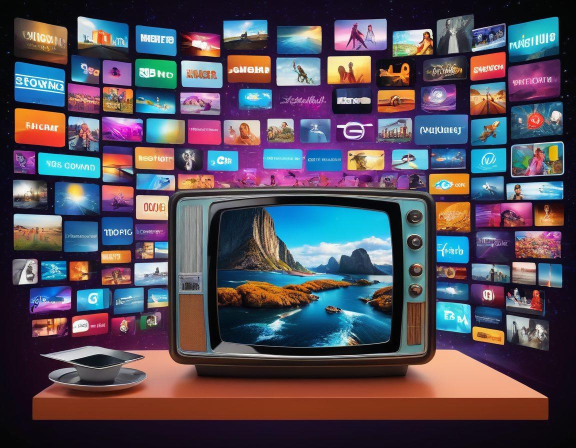 A dynamic collage showcasing the evolution of streaming, featuring a retro television morphing into a modern tablet displaying various content types like video on demand and live broadcasting icons. The background includes vibrant visuals of viewers engaged with smartphones, laptops, and smart TVs, symbolizing connectivity and technology's impact on entertainment. Bright, engaging colors enhance the excitement of the streaming world. super-realistic. vibrant colors. digital art.